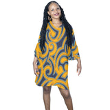 scroll turmeric blue stroke print Half Sleeves V-Neck Mini Dress (Model D63) - Objet D'Art