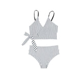 white dark blue striped print 2 Knot Side Bikini Swimsuit (Model S37) - Objet D'Art