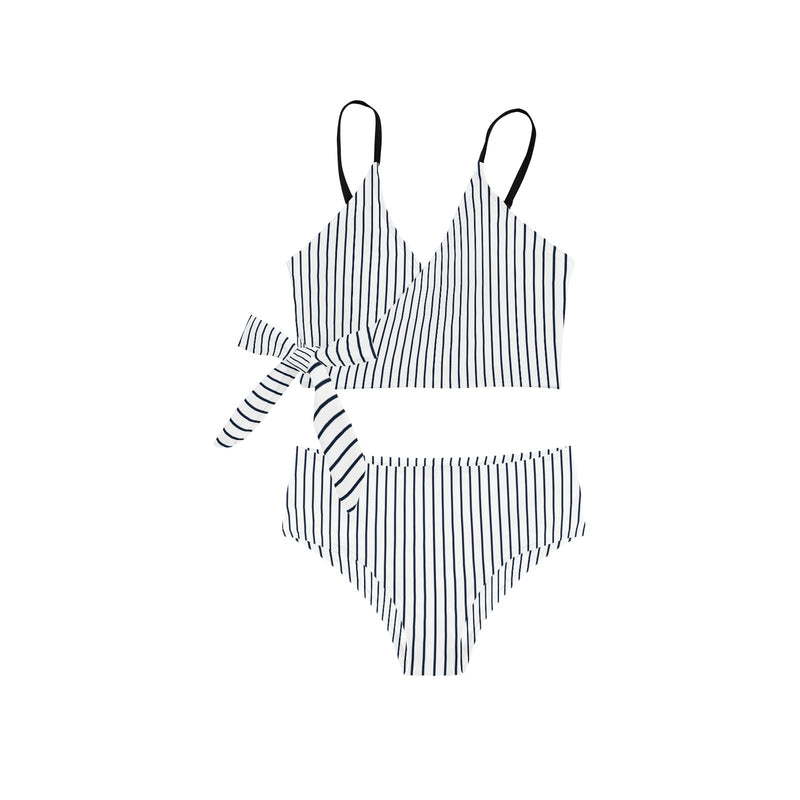 white dark blue striped print 2 Knot Side Bikini Swimsuit (Model S37) - Objet D'Art