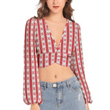 Gingham Striped Women's Deep V-Neck Lantern Sleeve Crop Top - Objet D'Art