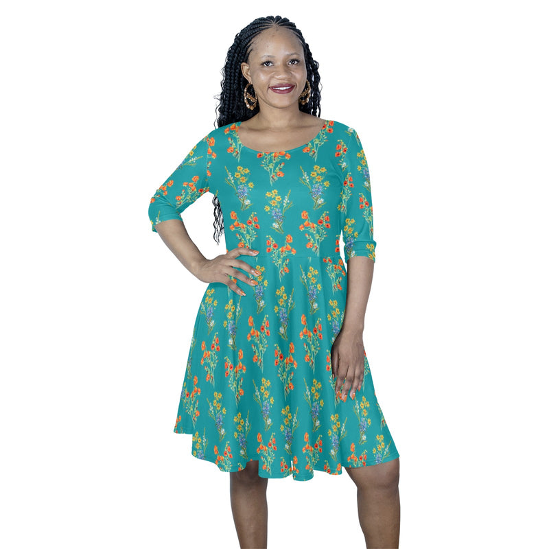 wildflower teal print Half Sleeve Skater Dress - Objet D'Art