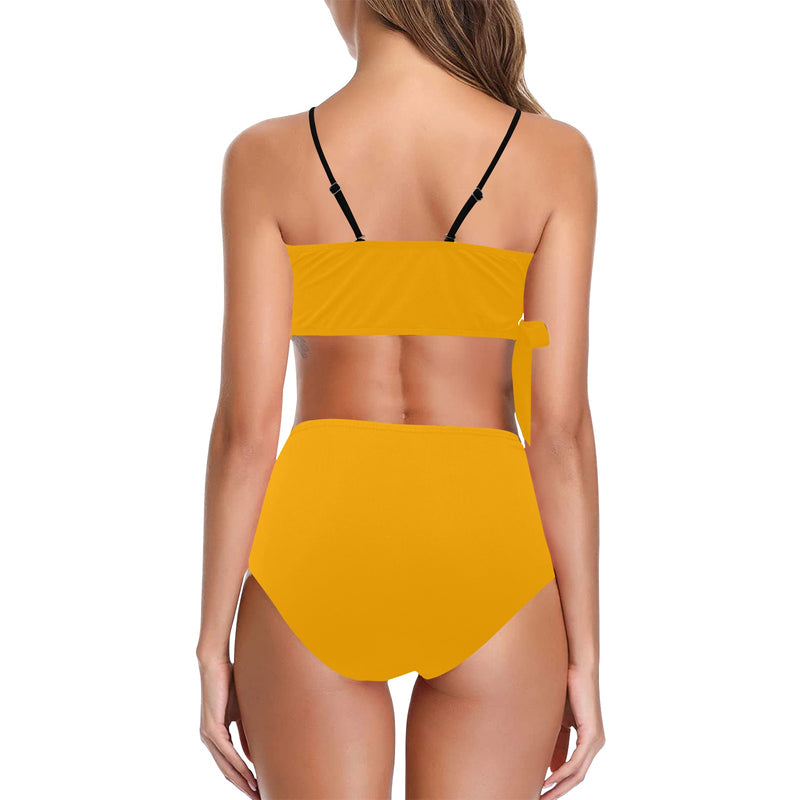 saffron print solid 2 Knot Side Bikini Swimsuit (Model S37) - Objet D'Art