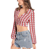 Gingham Striped Women's Deep V-Neck Lantern Sleeve Crop Top - Objet D'Art