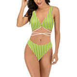 neon green striped Cross String Bikini Set (Model S29) - Objet D'Art