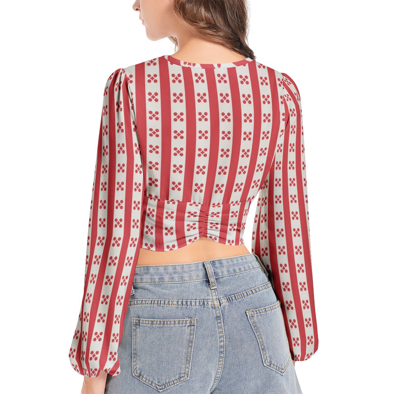 Gingham Striped Women's Deep V-Neck Lantern Sleeve Crop Top - Objet D'Art