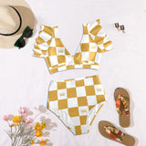 chess queen bronze print set print Women's Ruffle Sleeve Bikini Swimsuit (Model S42) - Objet D'Art