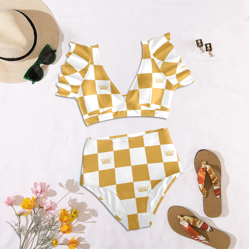 chess queen bronze print set print Women's Ruffle Sleeve Bikini Swimsuit (Model S42) - Objet D'Art