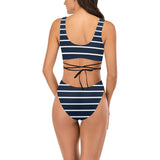 dk blue striped print 2 A B Cross String Bikini Set (Model S29) - Objet D'Art