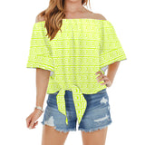 white neon green greek key print Off Shoulder Knot Front Blouse (Model T71) - Objet D'Art