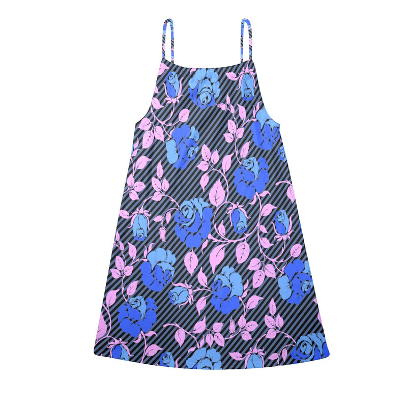 BLUE PINK ROSE PRINT copy Drawstring Neck Sleeveless Dress (Model D68) - Objet D'Art