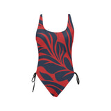 red blue leaf print 2 Drawstring Side One-Piece Swimsuit (Model S14) - Objet D'Art
