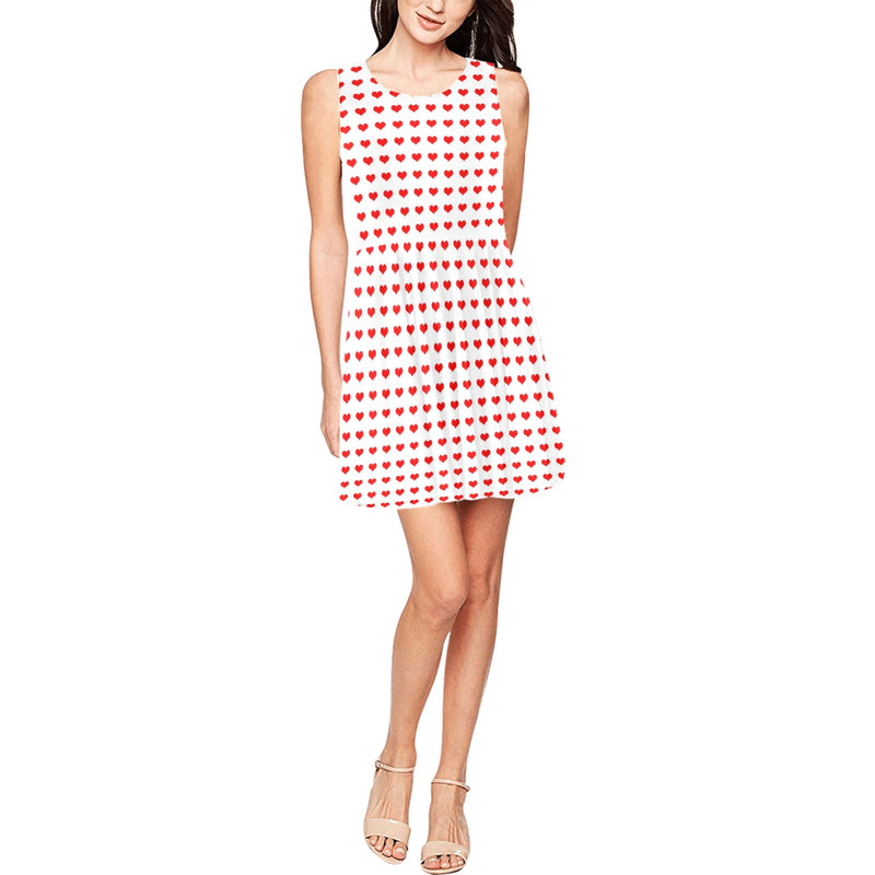 red hot hearts print Thea Sleeveless Skater Dress(Model D19) - Objet D'Art