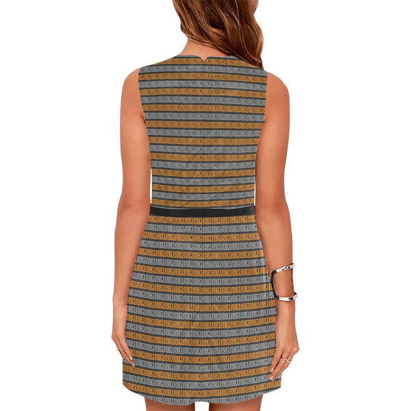 orange gray greek key print Eos Women's Sleeveless Dress (Model D01) - Objet D'Art