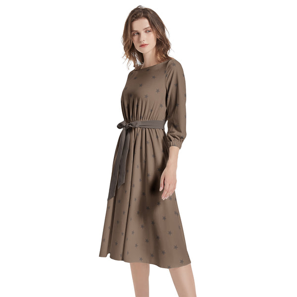 Boat Neck Belted Flared Dress - Objet D'Art