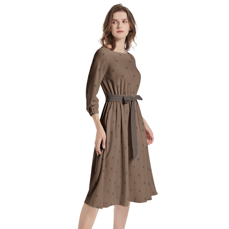 Boat Neck Belted Flared Dress - Objet D'Art