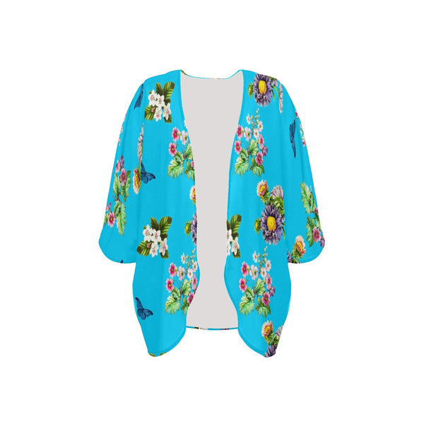 light blue floral print 3 Women's Kimono Chiffon Cover Up (Model H51) - Objet D'Art