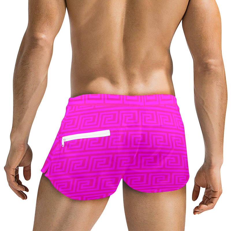fuchsia greek key offset print Men's Swim Trunks with Zipper Pocket (Model L71) - Objet D'Art