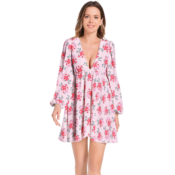 Pink Water Florals Lantern Sleeve Deep V-Neck Short Dress - Objet D'Art