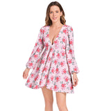 Pink Water Florals Lantern Sleeve Deep V-Neck Short Dress - Objet D'Art