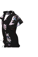 Pink Floral Accented Charcoal Tea Dress - Objet D'Art