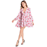 Pink Water Florals Lantern Sleeve Deep V-Neck Short Dress - Objet D'Art