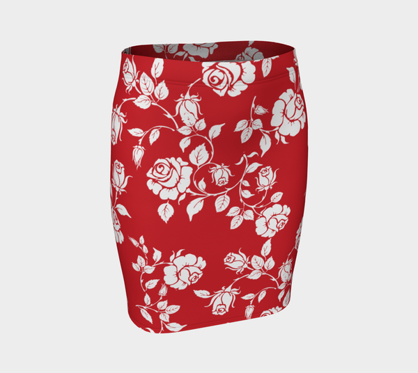 White Roses on Red Fitted Skirt - Objet D'Art