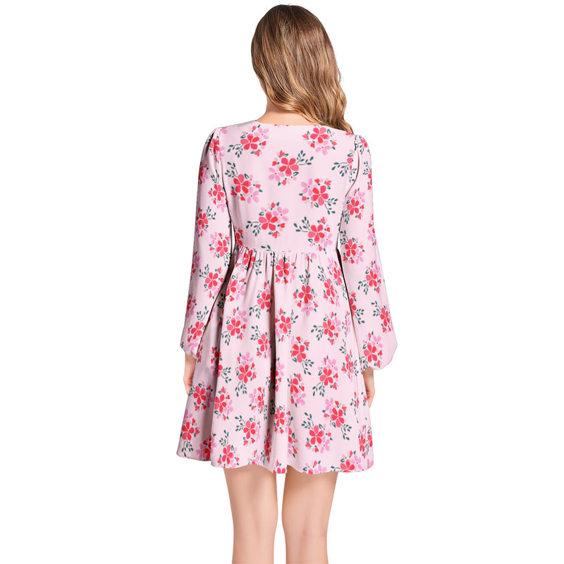 Pink Water Florals Lantern Sleeve Deep V-Neck Short Dress - Objet D'Art