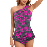fuchsia rose on gray greek key print Women's One Shoulder Backless Swimsuit (Model S44) - Objet D'Art