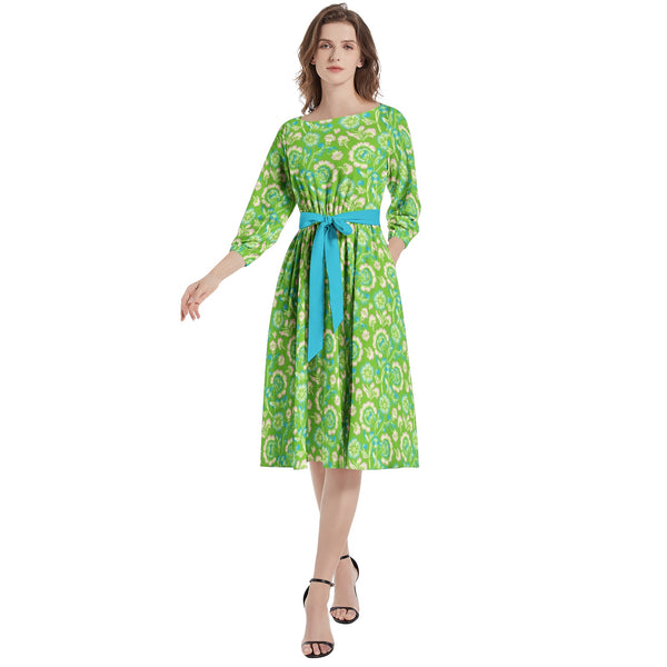 Boat Neck Belted Flared Dress - Objet D'Art