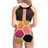 colorful hex print 5 Women's High Neck Plunge Mesh Ruched Swimsuit (S43) - Objet D'Art