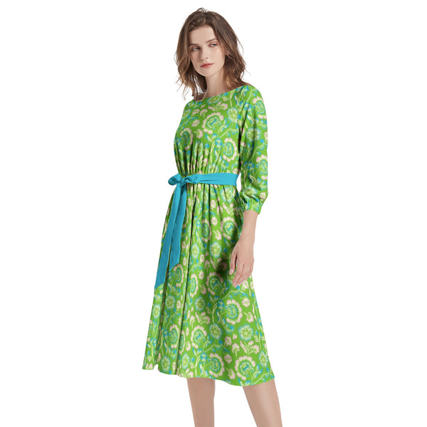 Boat Neck Belted Flared Dress - Objet D'Art