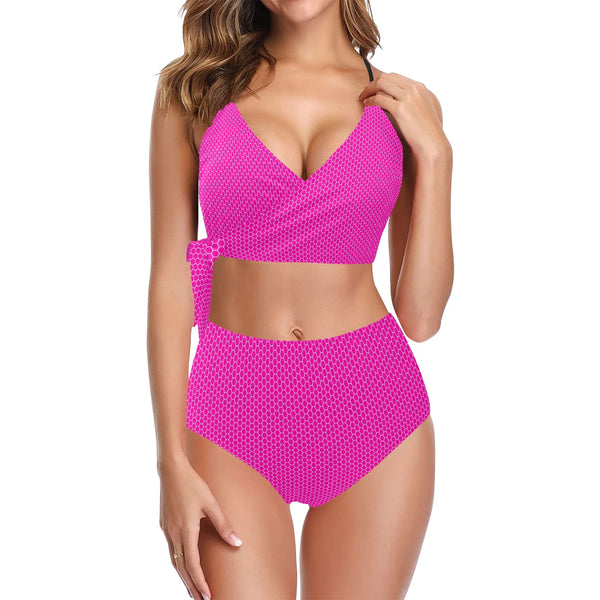 fuchsia hex print Knot Side Bikini Swimsuit (Model S37)