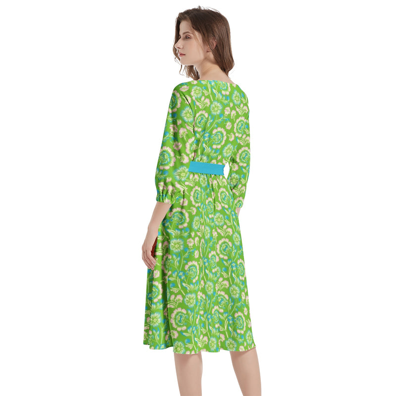 Boat Neck Belted Flared Dress - Objet D'Art