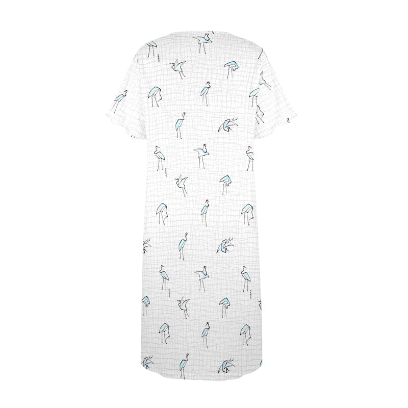 blue and white solid half Women's Button Front House Dress - Objet D'Art