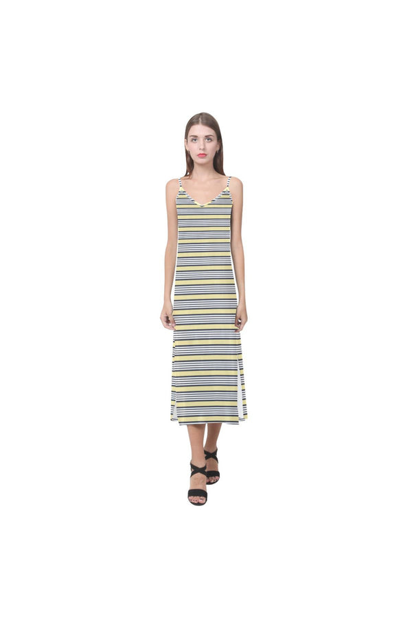 Cream Stripes V-Neck Open Fork Long Dress(Model D18) - Objet D'Art