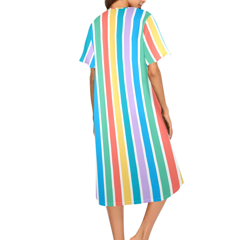 blue and white solid half Women's Button Front House Dress - Objet D'Art