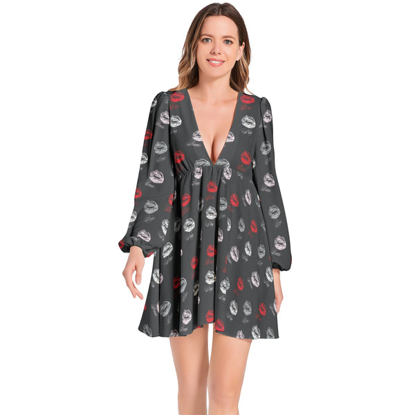 Kisses Lantern Sleeve Deep V-Neck Short Dress - Objet D'Art