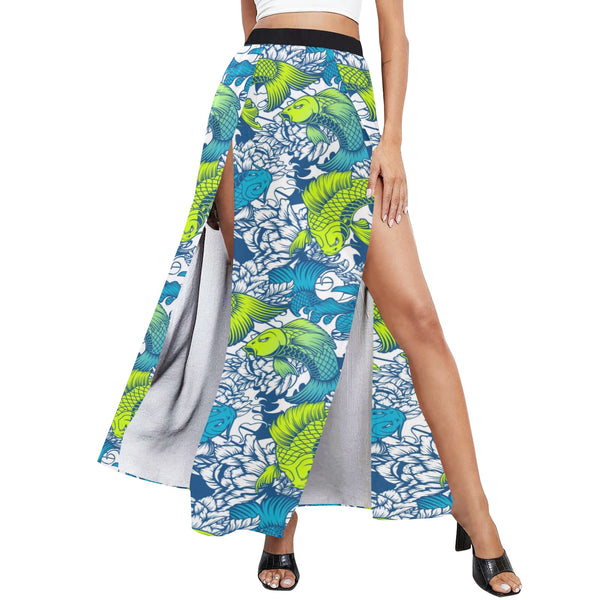 pisces neon green blue ombre print High Slit Long Beach Dress (Model S40) - Objet D'Art