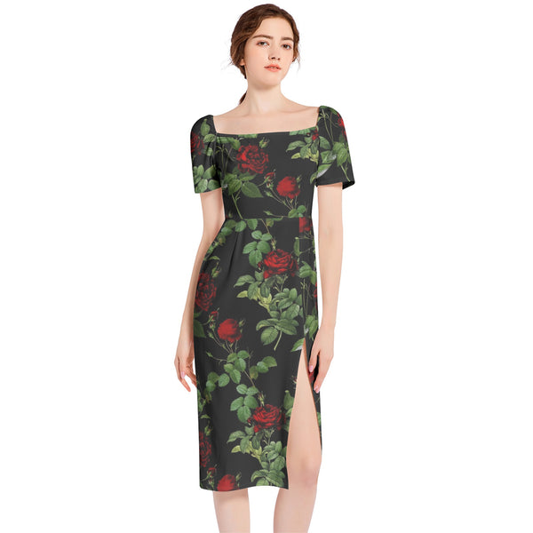 Rose Print Split Thigh Midi Bodycon Dress - Objet D'Art