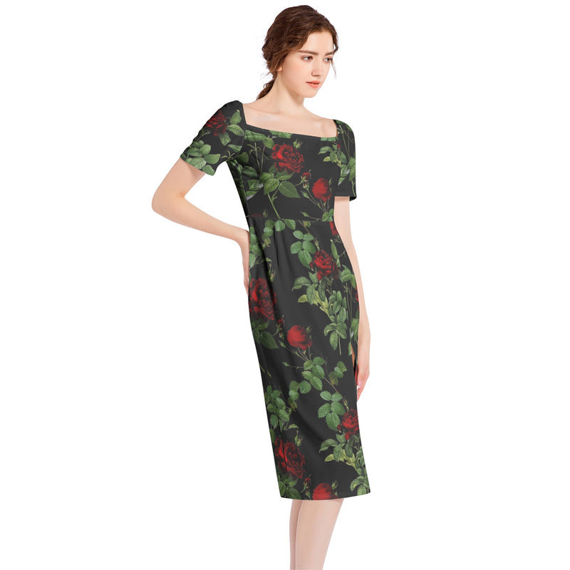 Rose Print Split Thigh Midi Bodycon Dress - Objet D'Art