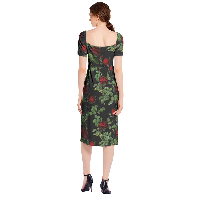 Rose Print Split Thigh Midi Bodycon Dress - Objet D'Art