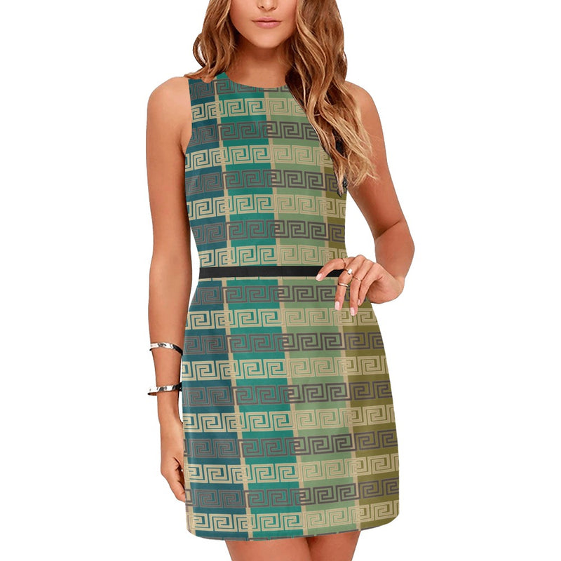 Boldly Striped Greek Key Eos Women's Sleeveless Dress - Objet D'Art