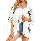 magnolia print on white Women's Kimono Chiffon Cover Up (Model H51) - Objet D'Art