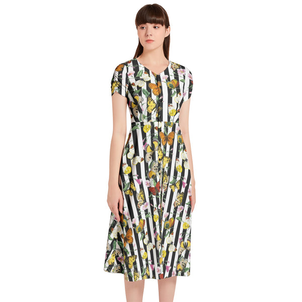 Butterfly Print Puff Sleeve Button Through Dress - Objet D'Art