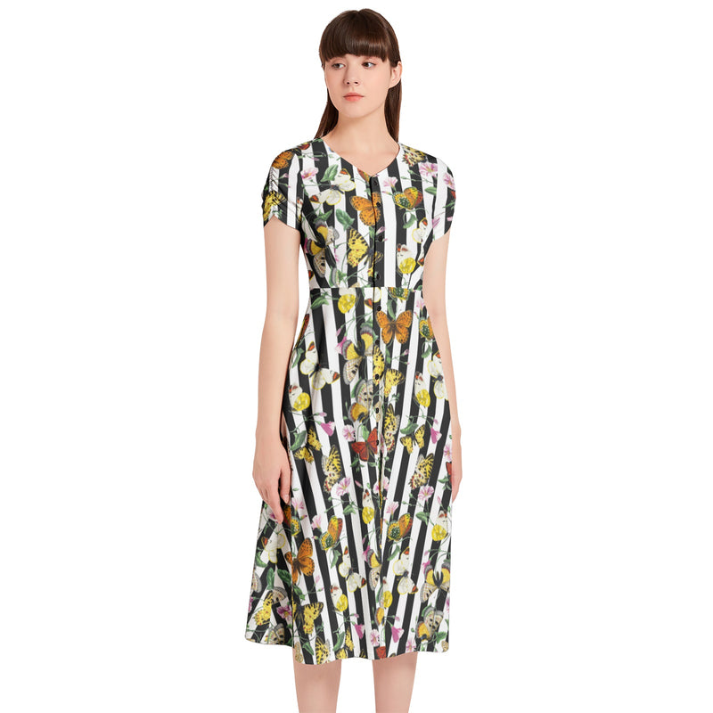 Butterfly Print Puff Sleeve Button Through Dress - Objet D'Art