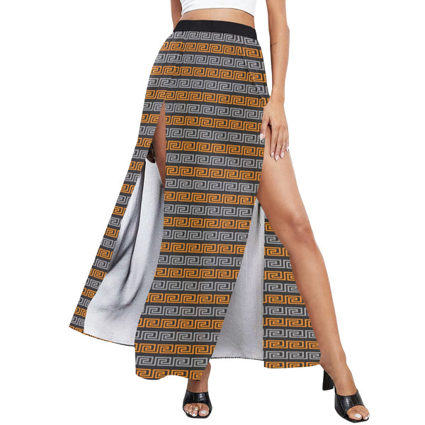 orange gray greek key print High Slit Long Beach Dress (Model S40) - Objet D'Art