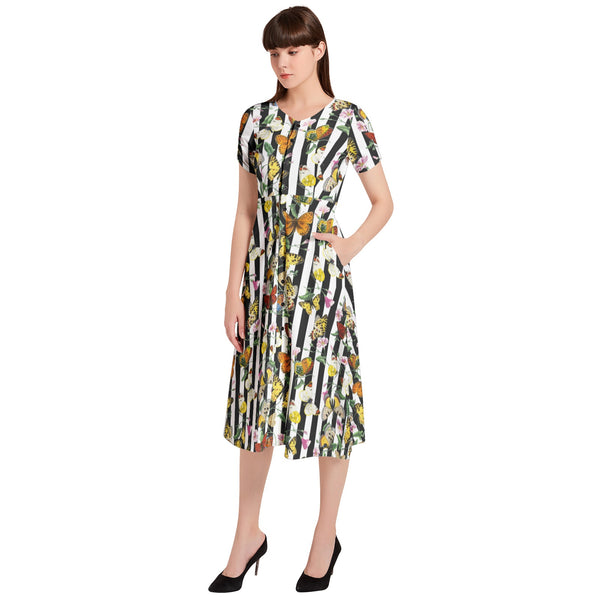 Butterfly Print Puff Sleeve Button Through Dress - Objet D'Art