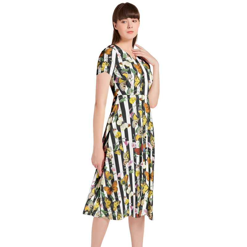 Butterfly Print Puff Sleeve Button Through Dress - Objet D'Art