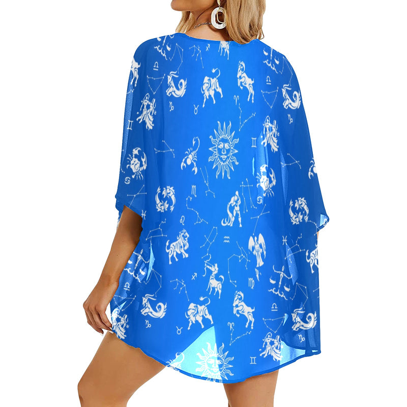 zodiac constellation print 2 Women's Kimono Chiffon Cover Up (Model H51) - Objet D'Art