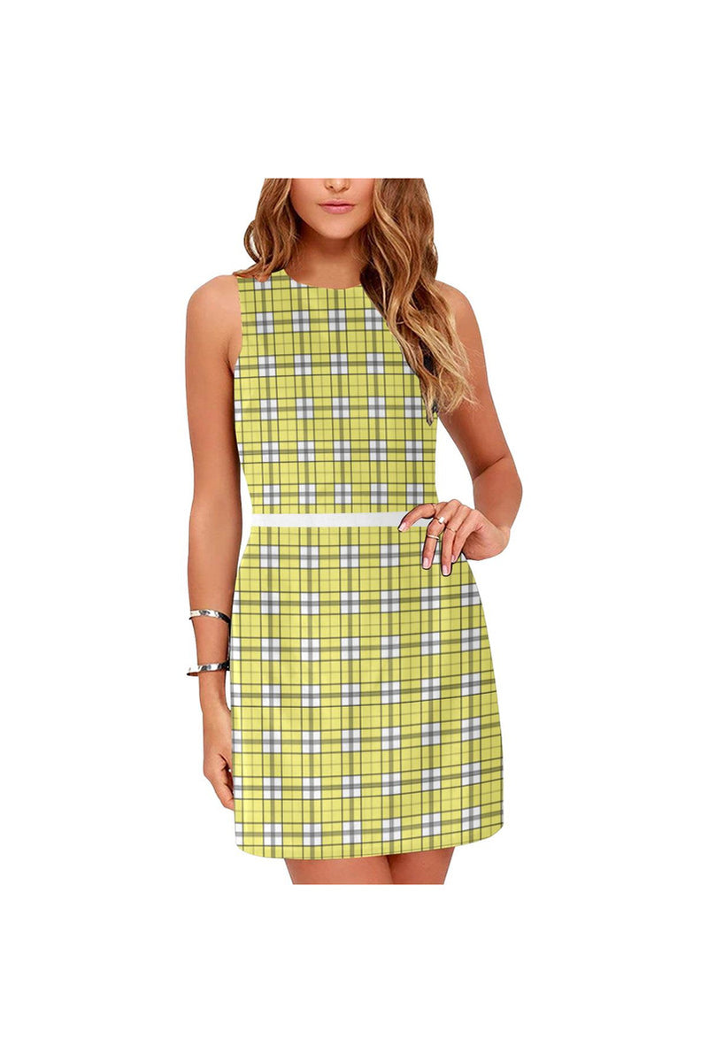 Yellow Plaid Eos Women's Sleeveless Dress (Model D01) - Objet D'Art